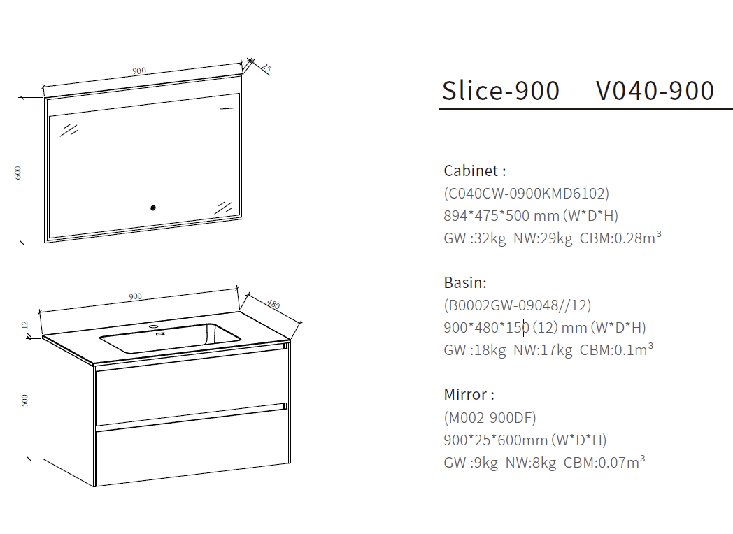MUEBLE PARA BAÑO CON ESPEJO Y LAVAMANOS SLICE 0.89x0.47x0.50M - Imagen 2