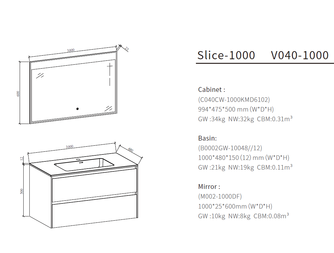 MUEBLE PARA BAÑO CON ESPEJO Y LAVAMANOS SLICE 0.99x0.47x0.50M - Imagen 3