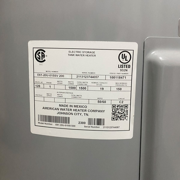 CALENTADOR PAR AGUA AMERICAN 19G E61-20U-015 115V - Imagen 2